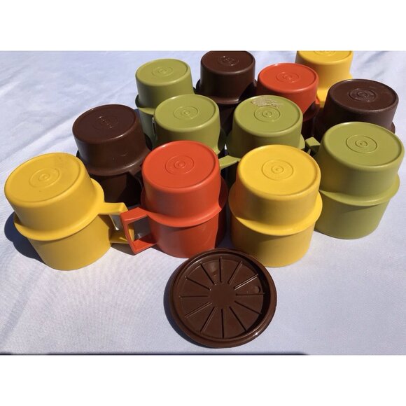 VTG Tupperware 1312 Stacking Coffee Cups Harvest MCM Orange Green Gold Brown Set - Picture 10 of 16